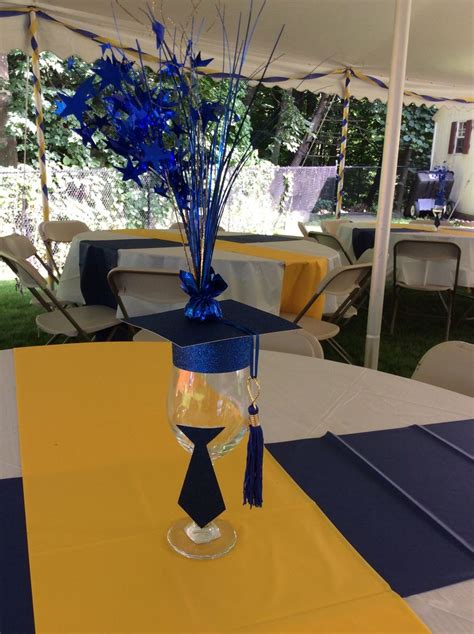 blue and gold graduation centerpieces